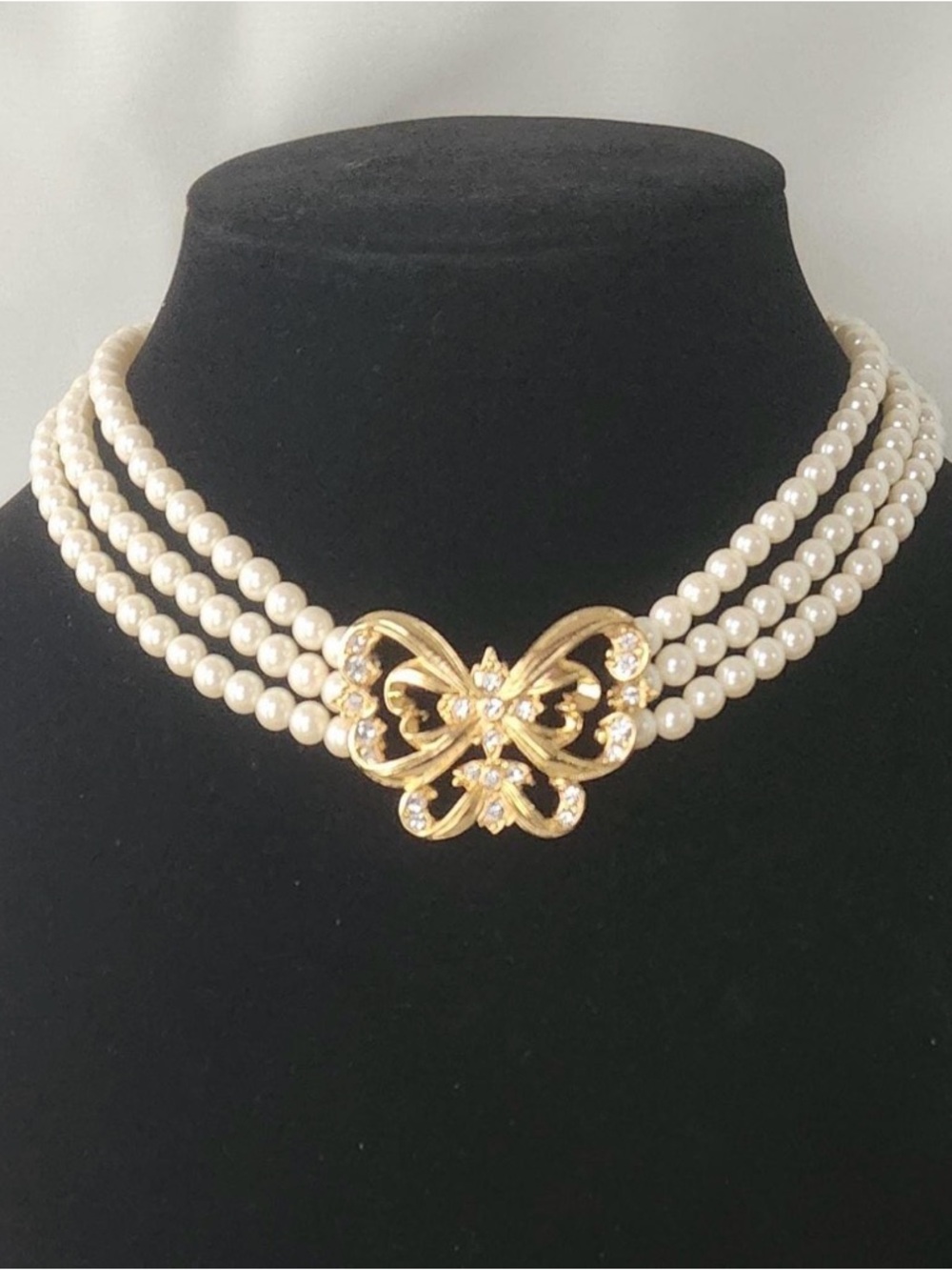 Vintage AVON Three Strand Faux Pearl Butterfly Necklace Adjustable